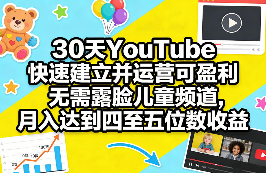 30天YouTube快速建立并运营可盈利无需露脸儿童频道，月入达到四至五位数收益-资源宝库