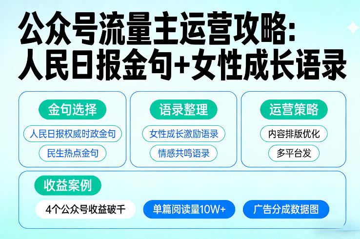 利用人民日报金句+女性成长语录做公众号流量主，4个公众号收益破千-资源宝库