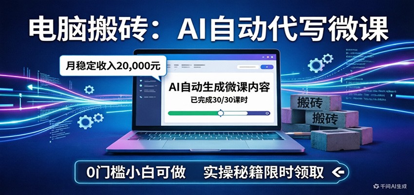 电脑搬砖AI自动代写微课，月稳定2W，0门槛小白可做，实操秘籍-资源宝库