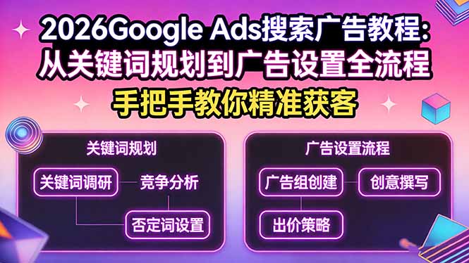 2026Google Ads搜索广告教程：从关键词规划到广告设置全流程，手把手教你精准获客-资源宝库