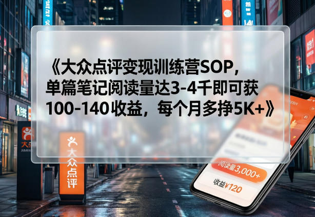 大众点评变现训练营SOP，单篇笔记阅读量达3-4千即可获100-140收益，每个月多挣5K+-资源宝库