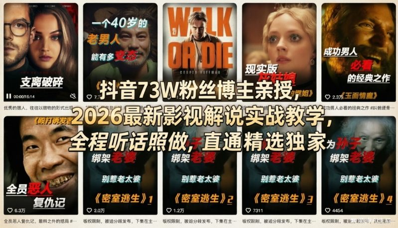 抖音73W粉丝博主亲授，2026最新影视解说实战教学，全程听话照做，直通精选独家-资源宝库
