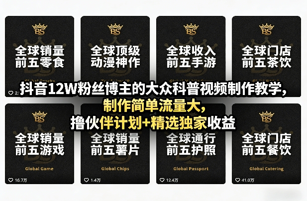 抖音12W粉丝博主的大众科普视频制作教学，制作简单流量大，撸伙伴计划+精选独家收益-资源宝库