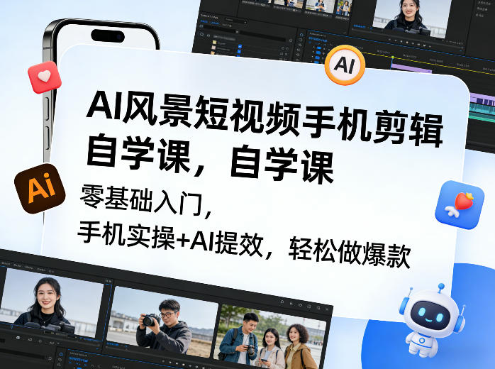 AI风景短视频手机剪辑自学课,零基础入门,手机实操+AI提效,轻松做爆款-资源宝库