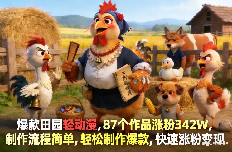 爆款田园轻动漫，87个作品涨粉342W，制作流程简单，轻松制作爆款，快速涨粉变现-资源宝库