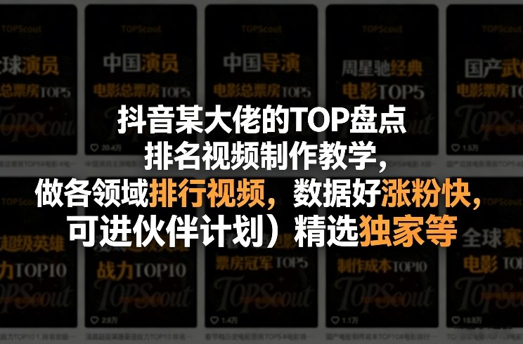 抖音某大佬的TOP盘点排名视频制作，做各领域排行视频，数据好涨粉快，可进伙伴计划＋精选独家等-资源宝库