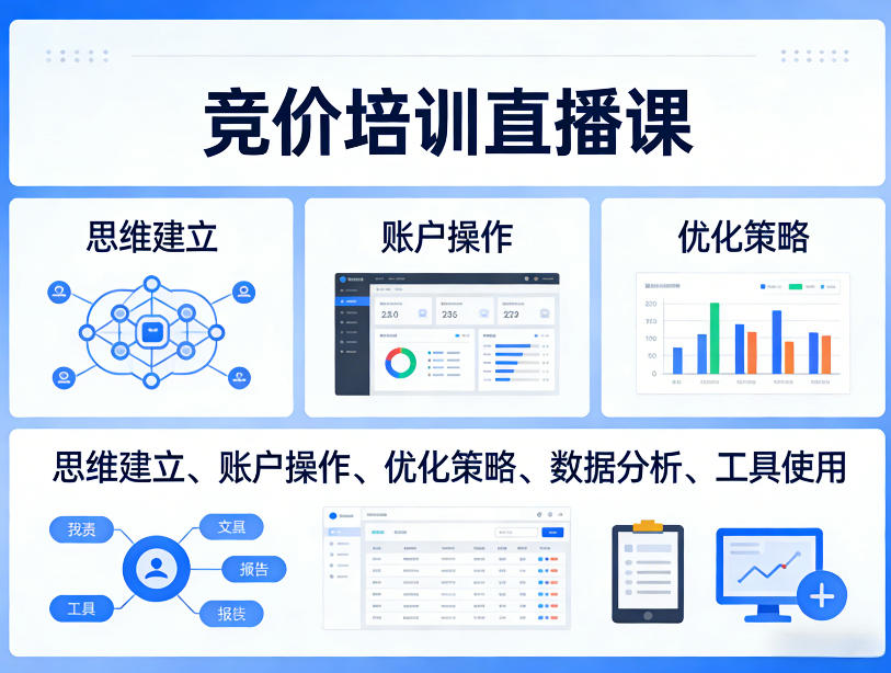 竞价培训直播课，覆盖思维建立、账户操作、优化策略、数据分析、工具使用等，全方位提升效果-资源宝库