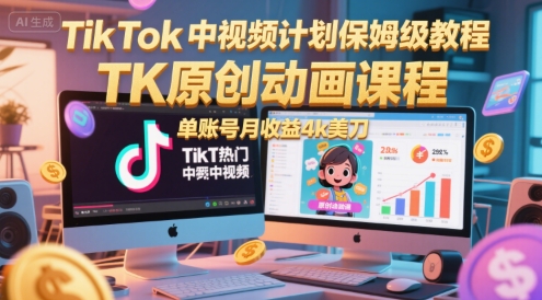 TikTok中视频计划保姆级教程，TK原创动画课程，单账号月收益4k美刀-资源宝库