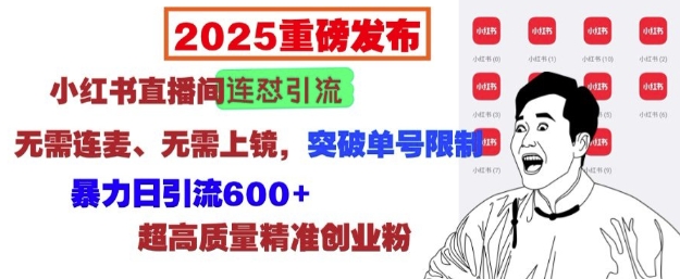 2025重磅发布:小红书直播间连怼引流,无需连麦、无需上镜,突破单号限制,暴力日引流600+-资源宝库