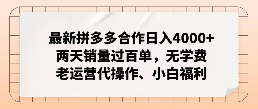 拼多多最新合作日入4000+两天销量过百单，无学费、老运营代操作、小白福利-资源宝库