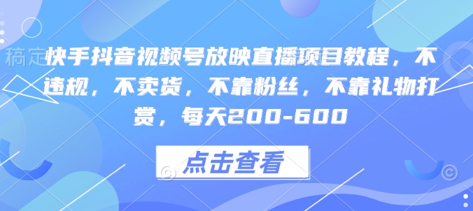快手抖音视频号放映直播项目教程,不违规,不卖货,不靠粉丝,不靠礼物打赏,每天200-600-资源宝库