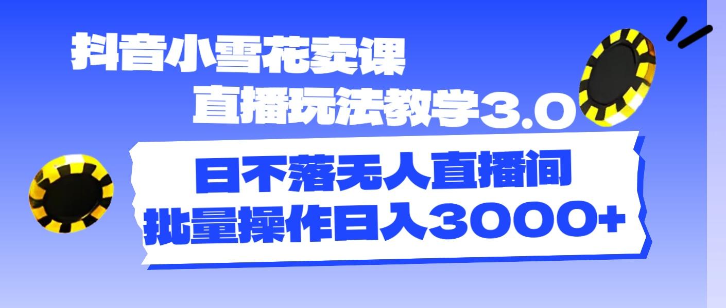 抖音小雪花卖课直播玩法教学3.0，日不落无人直播间，批量操作日入3000+-资源宝库