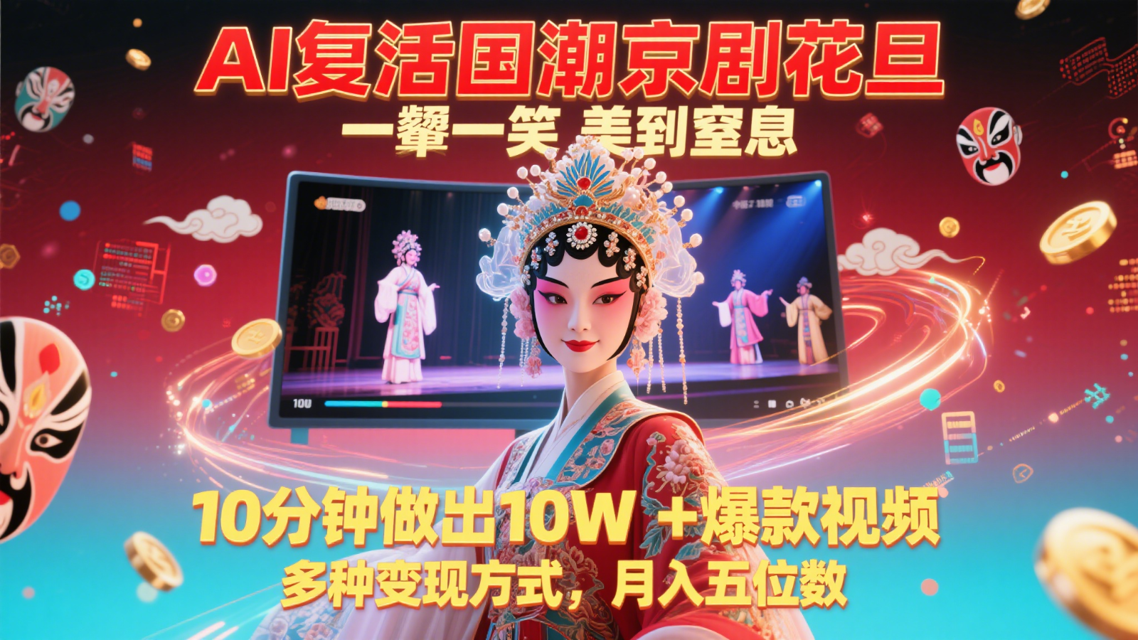 AI复活国潮京剧花旦，一颦一笑美到窒息，10分钟做出10W+爆款视频，多种变现方式-资源宝库