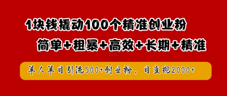 1块钱撬动100个精准创业粉，简单粗暴高效长期精准，单人单日引流500+创业粉，日变现2k【揭秘】-资源宝库