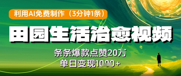 利用AI免费制作田园生活治愈视频,条条爆款点赞20W,单日变现几张-资源宝库