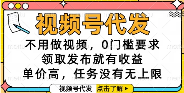 视频号代发,不用做视频,0门槛要求,领取发布就有收益,单价高,任务没有无上限【揭秘】-资源宝库