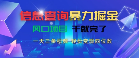 信息查询暴力掘金，一天三条视频，轻松变现四位数，风口项目干就完了【揭秘】-资源宝库