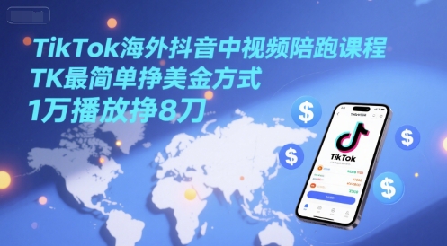 TikTok海外抖音中视频陪跑课程，TK最简单挣美金方式，1万播放挣8刀-资源宝库