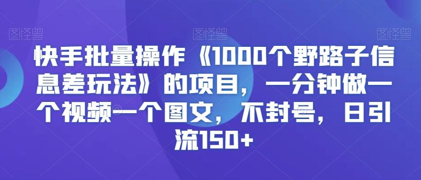 快手批量操作《1000个野路子信息差玩法》的项目，一分钟做一个视频一个图文，不封号，日引流150+【揭秘】-资源宝库