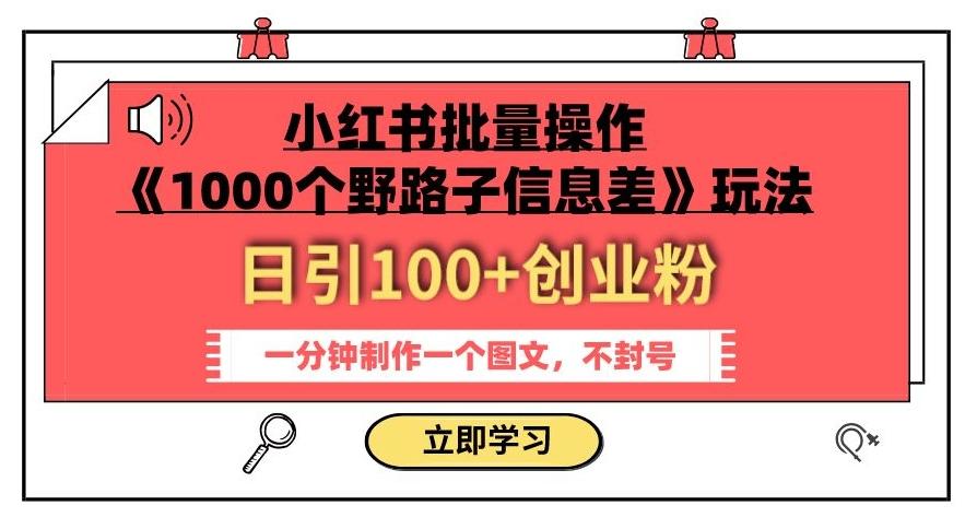 小红书批量操作《1000个野路子信息差》玩法，一分钟制作一个图文，不封号，日引100+创业粉-资源宝库