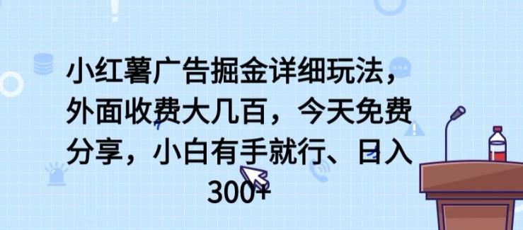 小红薯广告掘金详细玩法，外面收费大几百，小白有手就行，日入300+【揭秘】-资源宝库