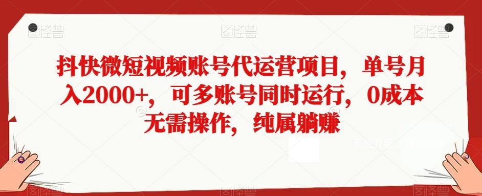抖快微短视频账号代运营项目，单号月入2000+，可多账号同时运行，0成本无需操作，纯属躺赚【揭秘】-资源宝库