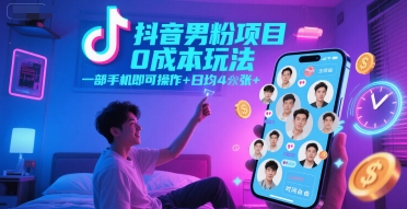抖音男粉项目0成本玩法，一部手机即可操作，日均4张+，时间自由-资源宝库