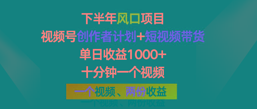 下半年风口项目，视频号创作者计划+视频带货，单日收益1000+，一个视频两份收益-资源宝库