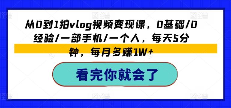 从0到1拍vlog视频变现课，0基础/0经验/一部手机/一个人，每天5分钟，每月多赚1W+-资源宝库