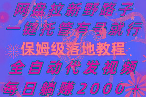 网盘拉新野路子，一键托管有号就行，全自动代发视频，每日躺赚2000＋，...-资源宝库