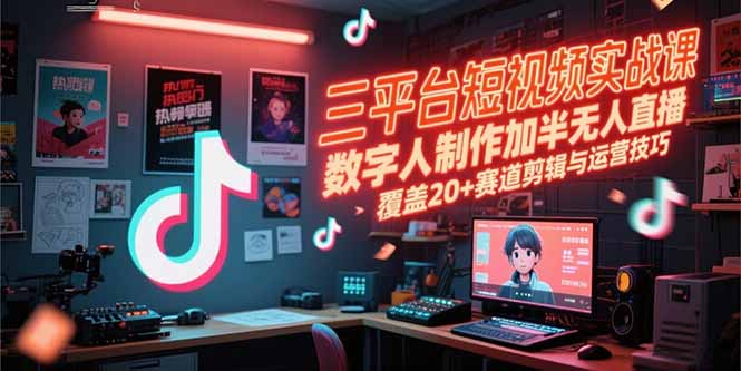 三平台短视频实战课，数字人制作加半无人直播，覆盖20+赛道剪辑与运营技巧-资源宝库