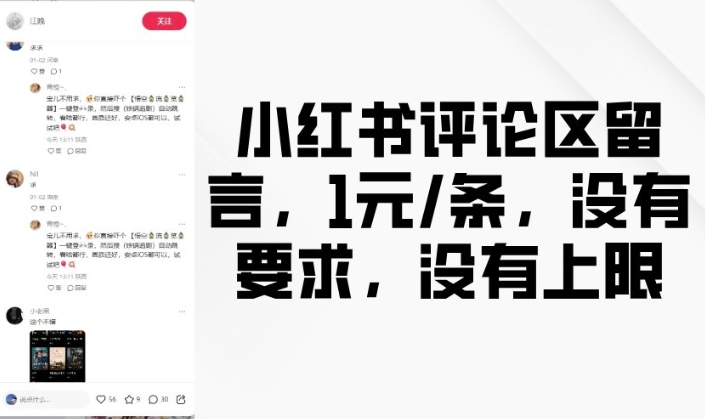 小红书评论区留言，1元条，没有要求，没有上限-资源宝库