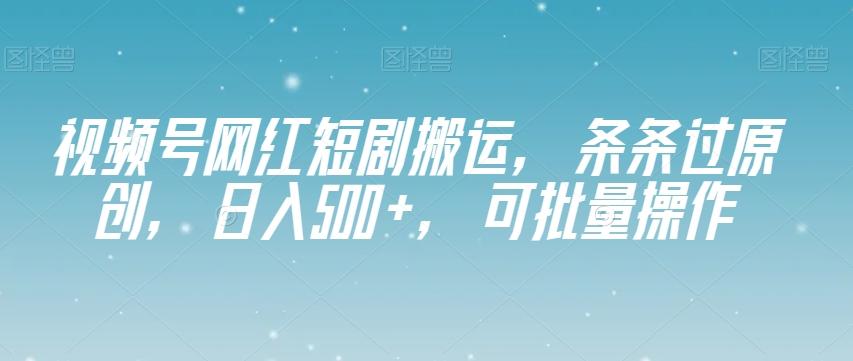 视频号网红短剧搬运，条条过原创，日入500+，可批量操作【揭秘】-资源宝库