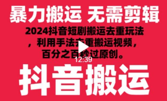 2024最新抖音搬运技术，抖音短剧视频去重，手法搬运，利用工具去重，达到秒过原创的效果【揭秘】-资源宝库
