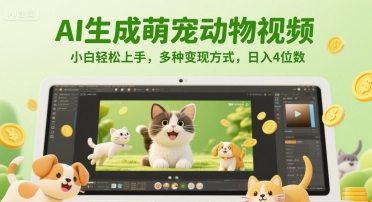 AI生成萌宠动物视频,小白轻松上手,多种变现方式,日入4位数-资源宝库