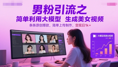 男粉引流之简单利用大模型生成美女视频，条条原创爆款，简单上传制作，变现日1k+-资源宝库