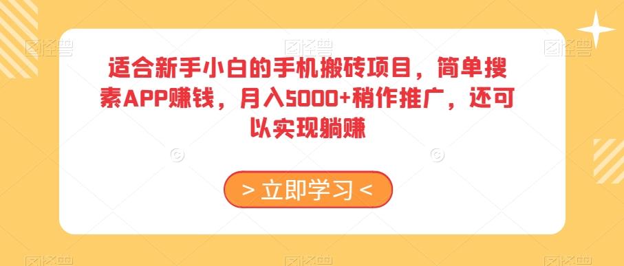 适合新手小白的手机搬砖项目，简单搜素APP赚钱，月入5000+稍作推广，还可以实现躺赚【揭秘】-资源宝库