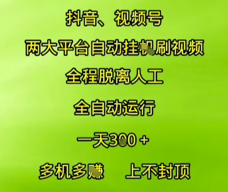 抖音视频号两大平台自动运行，全程脱离人工，自动获取收益，一天3张+，多机多挣，上不封顶【揭秘】-资源宝库