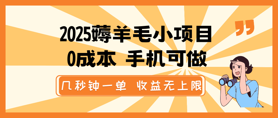 2025薅羊毛小项目，0成本 手机可做，几秒钟一单，收益无上限-资源宝库