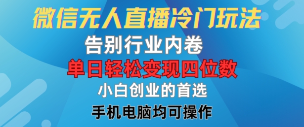 微信无人直播冷门玩法，告别行业内卷，单日轻松变现四位数，小白的创业首选【揭秘】-资源宝库
