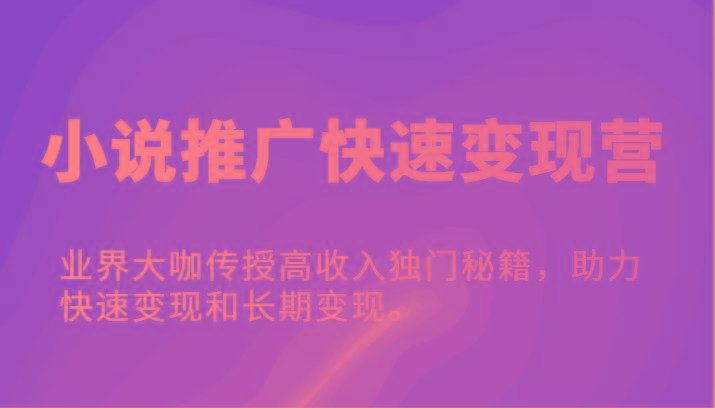 小说推广快速变现营-业界大咖传授高收入独门秘籍，助力快速变现和长期变现。-资源宝库