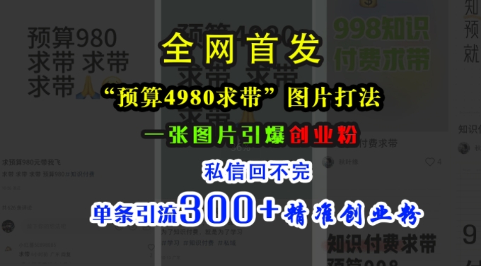 小红书“预算4980带我飞”图片打法，一张图片引爆创业粉，私信回不完，单条引流300+精准创业粉-资源宝库