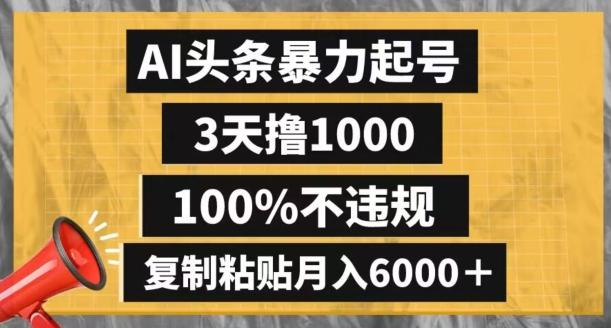 AI头条暴力起号，3天撸1000,100%不违规，复制粘贴月入6000＋【揭秘】-资源宝库