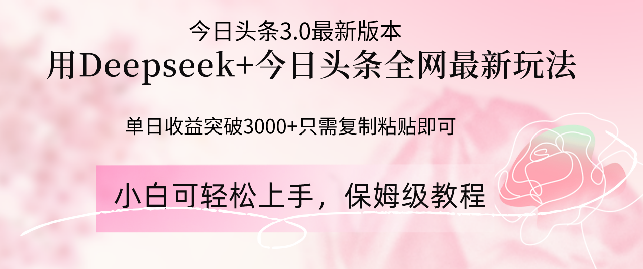 Deepseek结合今日头条全网最新玩法，单日收益突破3000+，只需要简单的…-资源宝库