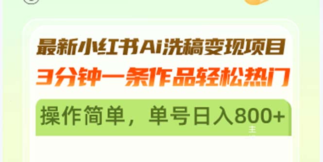 最新小红书Ai洗稿变现项目 3分钟一条作品轻松热门 操作简单，单号日入800+-资源宝库