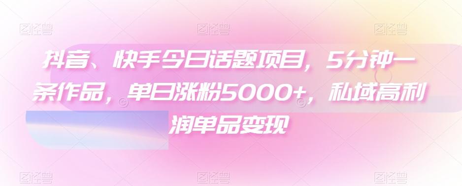 抖音、快手今日话题项目，5分钟一条作品，单日涨粉5000+，私域高利润单品变现-资源宝库