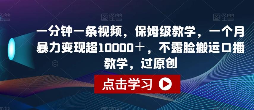 一分钟一条视频，保姆级教学，一个月暴力变现超10000＋，不露脸搬运口播教学，过原创-资源宝库