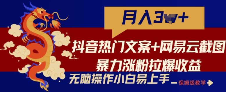 抖音热门文案+网易云截图暴力涨粉拉爆收益玩法，小白无脑操作，简单易上手【揭秘】-资源宝库
