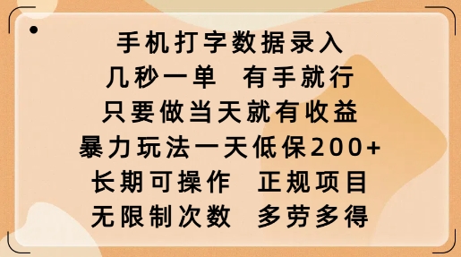 手机打字数据录入，几秒一单，有手就行，只要做当天就有收益，暴力玩法一天低保2张-资源宝库