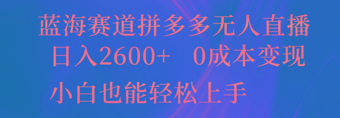 蓝海赛道拼多多无人直播，日入2600+，0成本变现，小白也能轻松上手-资源宝库